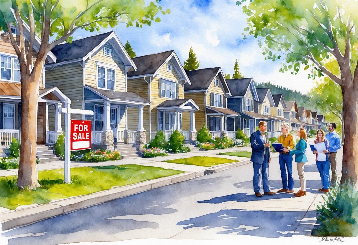 A sunny day in Twin Falls, Idaho, with a row of charming houses lining a tree-filled street. A real estate agent gestures towards a "For Sale" sign, while potential homebuyers chat and review paperwork