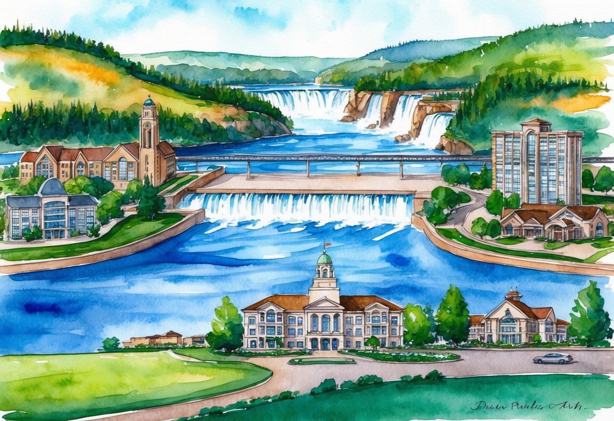 A scenic view of Idaho Falls with iconic landmarks and real estate properties in the foreground, showcasing the integrated community features