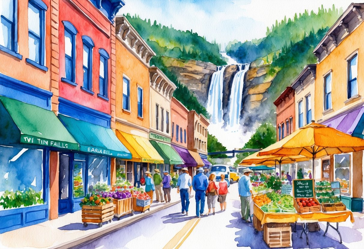 A bustling downtown street with colorful storefronts and a vibrant farmers' market showcasing local produce and crafts. Tall waterfalls cascade in the background, drawing visitors to the natural beauty of Twin Falls, ID