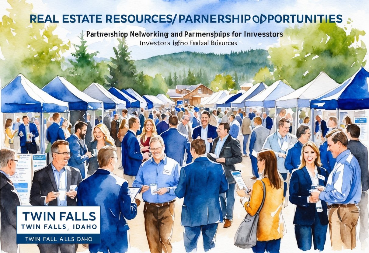 A bustling market in Twin Falls, Idaho showcases real estate resources and partnership opportunities for investors. The scene is filled with eager participants networking and exchanging information