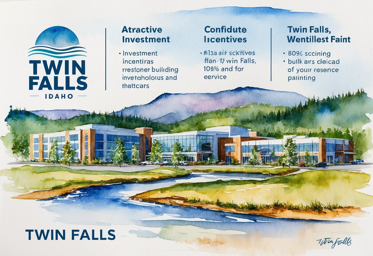 A scenic view of Twin Falls, Idaho with modern buildings and attractive investment incentives displayed