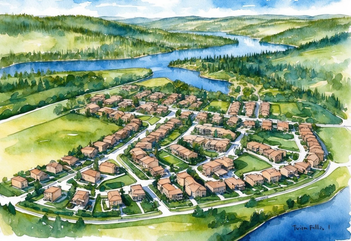 Aerial view of Twin Falls, ID with residential neighborhoods, parks, and surrounding natural landscapes