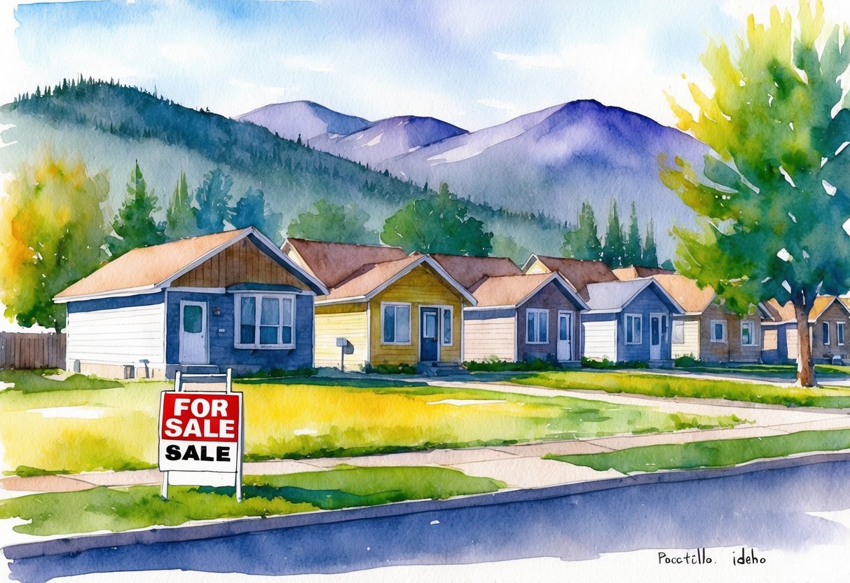 A sunny day in Pocatello, Idaho, with a row of houses and a "For Sale" sign in front of one. Trees and mountains in the background