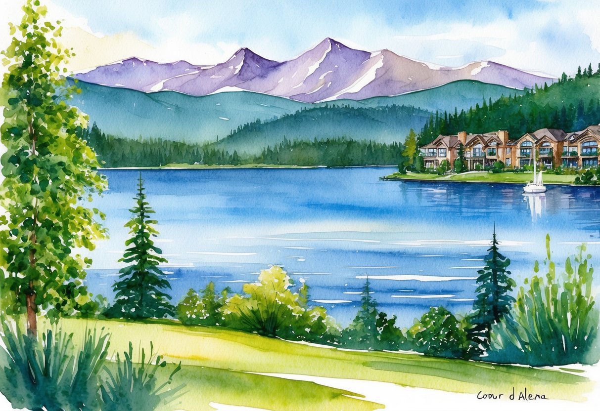 A scenic view of a lake with mountains in the background, surrounded by lush greenery and upscale homes in Coeur d'Alene, Idaho