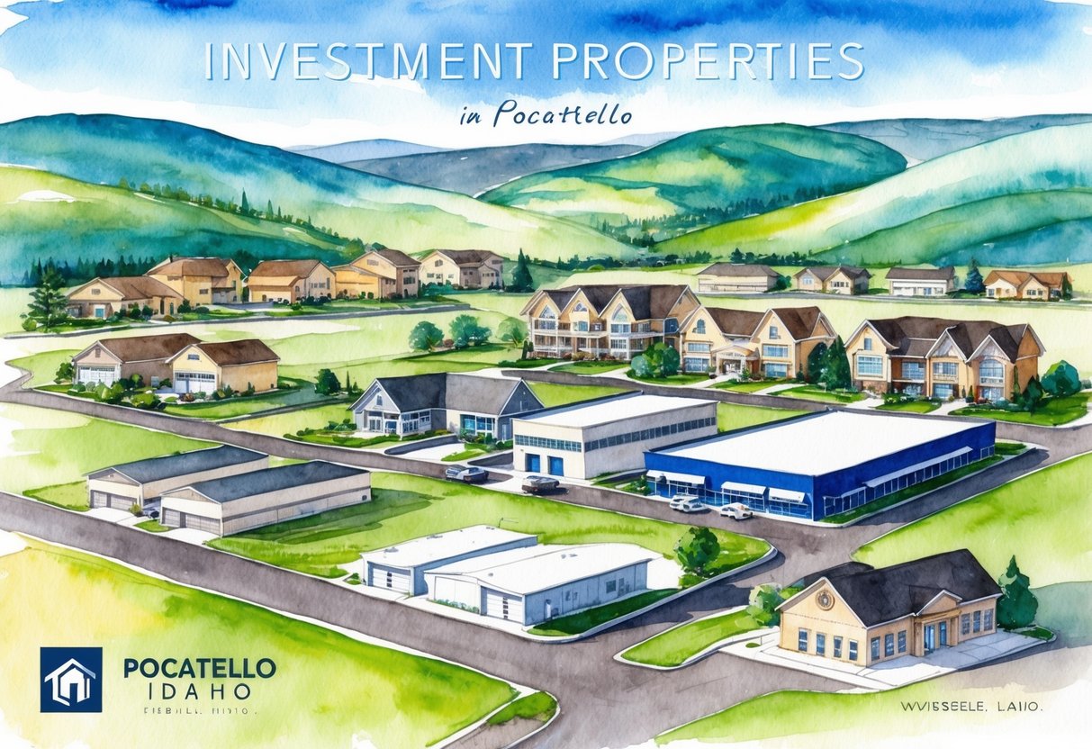 A variety of investment properties in Pocatello, Idaho, including residential homes, commercial buildings, and vacant land, set against a backdrop of rolling hills and clear blue skies