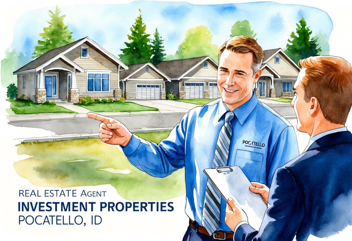 A real estate agent showing a selection of investment properties in Pocatello, ID to a potential buyer. The agent is pointing to various features of the properties while the buyer listens attentively