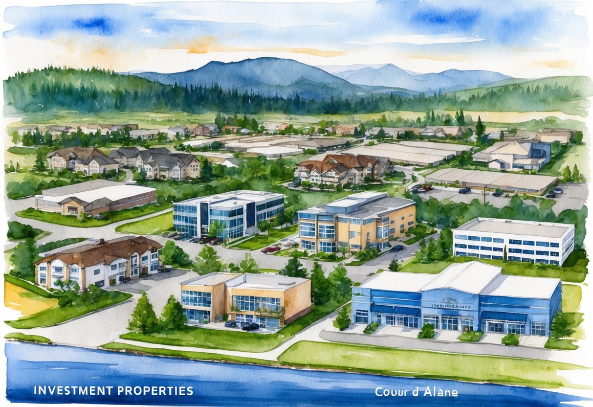 A scenic view of various investment properties in Coeur d'Alene, Idaho, including residential homes, commercial buildings, and vacant land for development
