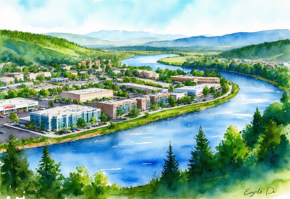 A serene landscape in Eagle, ID with a mix of residential and commercial properties, surrounded by lush greenery and the majestic Boise River