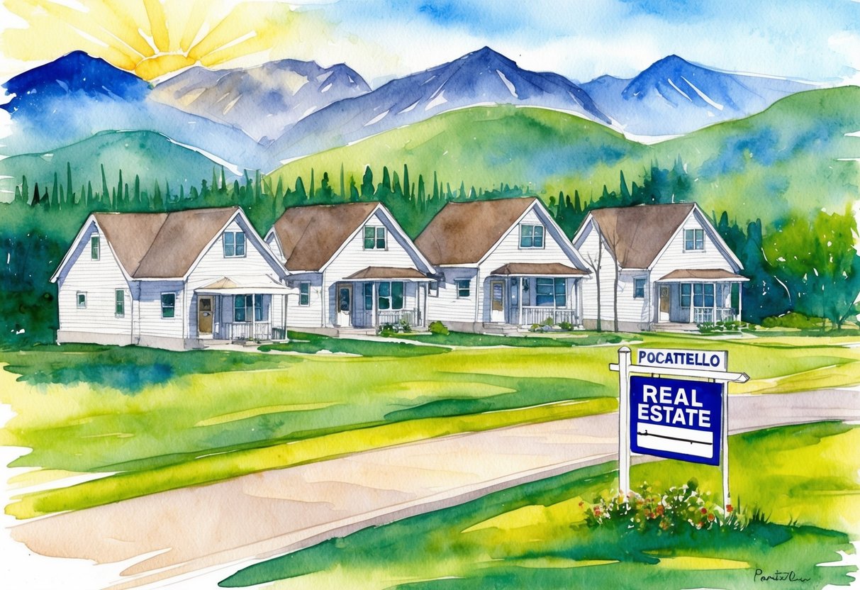 A sunny day in Pocatello, ID, with a row of houses and a real estate sign, surrounded by mountains and greenery