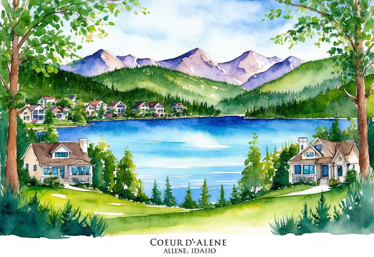 A scenic view of Coeur d'Alene, Idaho with a picturesque lake, lush greenery, and charming homes nestled in the mountains