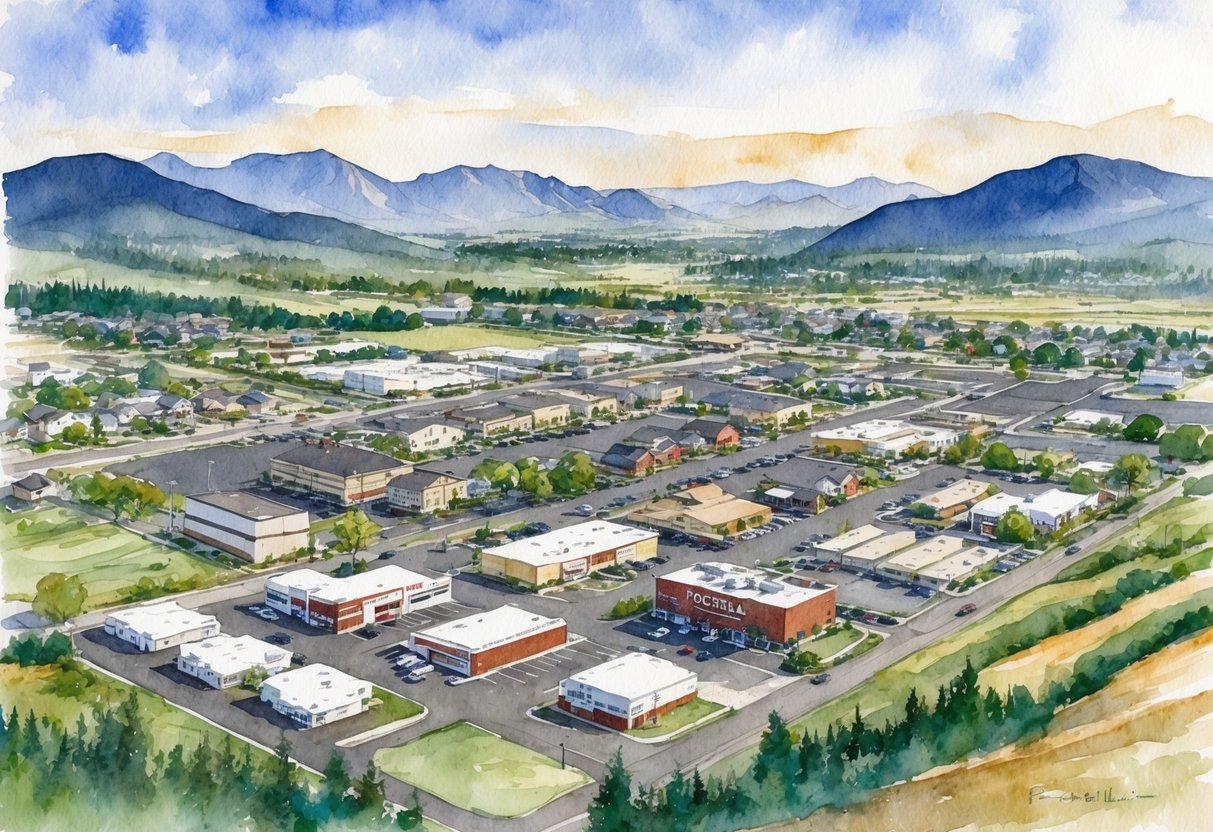 A scenic view of Pocatello, Idaho with various properties, including residential homes, commercial buildings, and vacant land, surrounded by mountains and natural landscapes