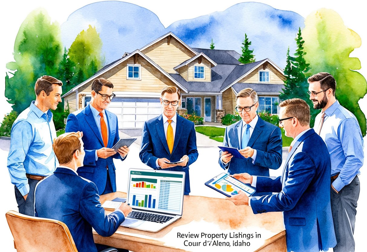 A group of investors review property listings in Coeur d'Alene, Idaho, discussing potential purchases and analyzing market data