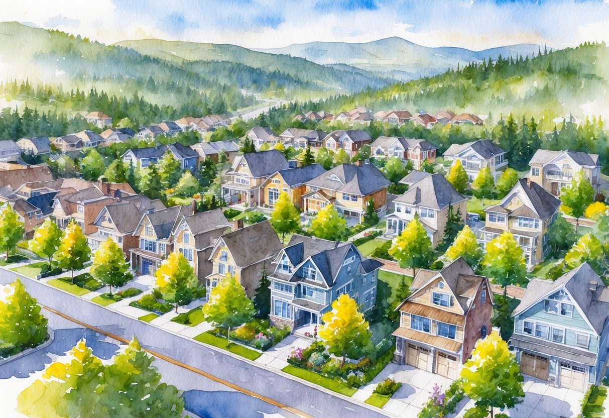 Aerial view of Coeur d'Alene's charming neighborhoods with tree-lined streets and well-maintained homes, surrounded by picturesque natural landscapes