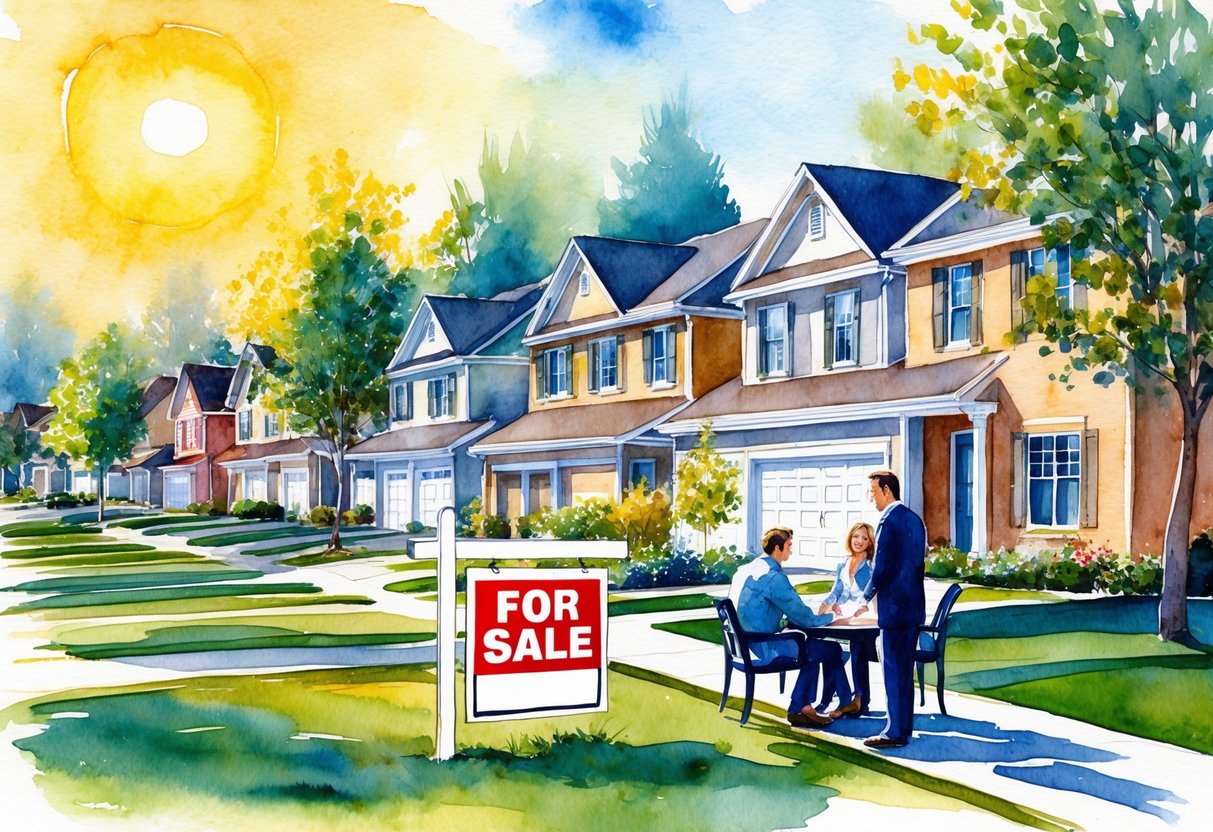 A sunny suburban neighborhood with rows of houses, a "For Sale" sign, and a real estate agent meeting with potential buyers