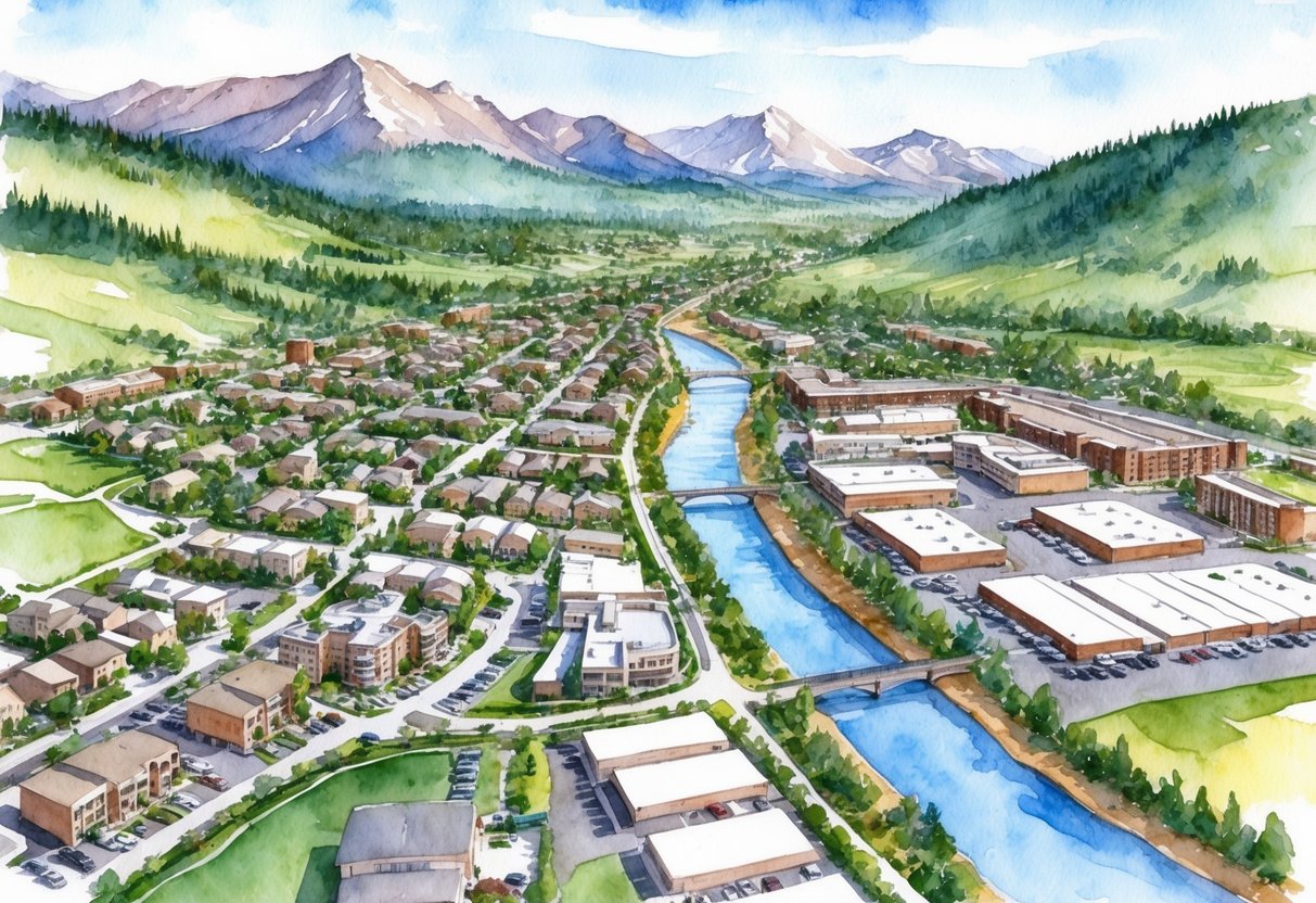 Aerial view of Eagle, Idaho with residential neighborhoods, parks, and commercial areas. Mountain backdrop and river running through the town