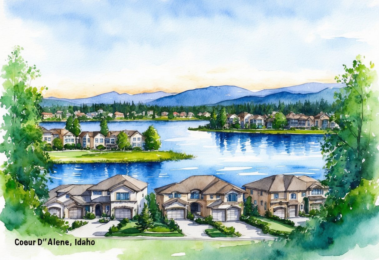 A scenic view of Coeur d'Alene, Idaho, with a beautiful lake, lush greenery, and upscale homes, showcasing the potential for enhancing property value through real estate investing