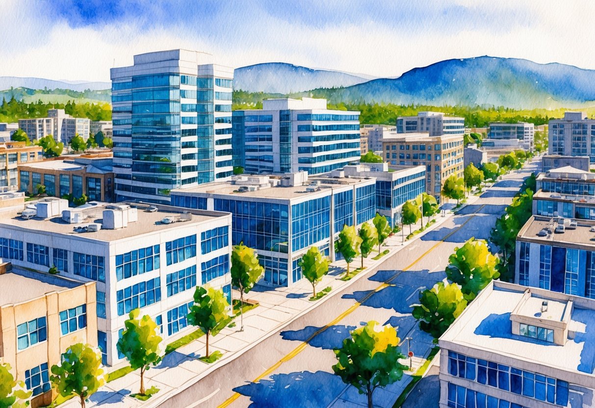 A bustling downtown street with modern office buildings and residential complexes, showcasing the thriving real estate investment and property management industry in Eagle, ID