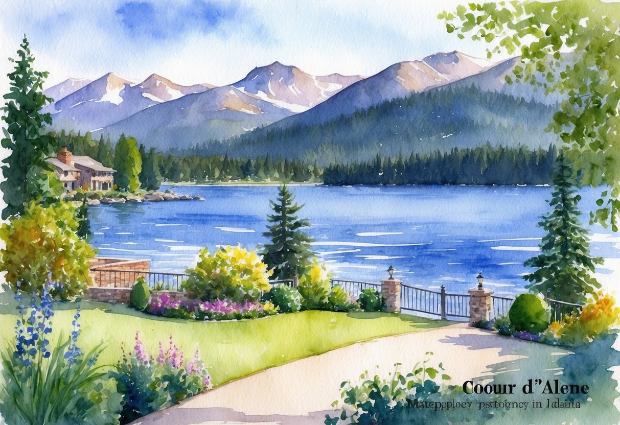 A picturesque lakefront property in Coeur d'Alene, Idaho, with a stunning view of the surrounding mountains and a lush, well-maintained garden