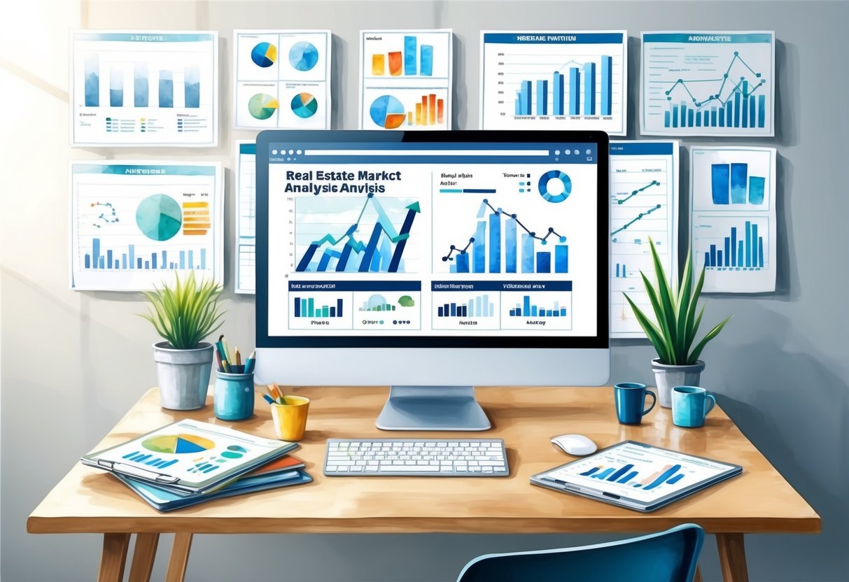 A desk with a computer displaying real estate market analysis tools and indicators, surrounded by charts and graphs, in a home office setting