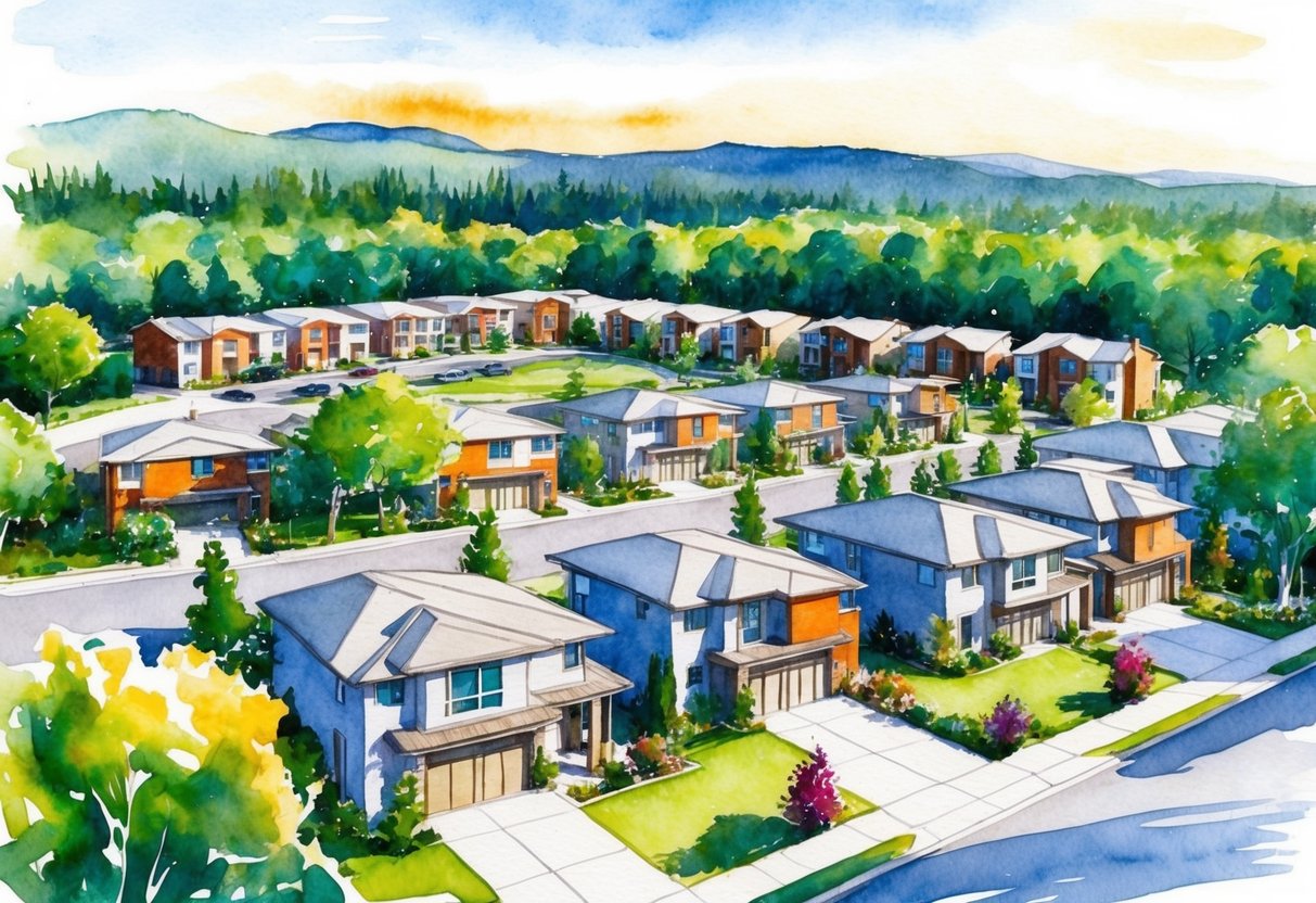 A vibrant community of modern homes surrounded by lush greenery in Eagle, ID