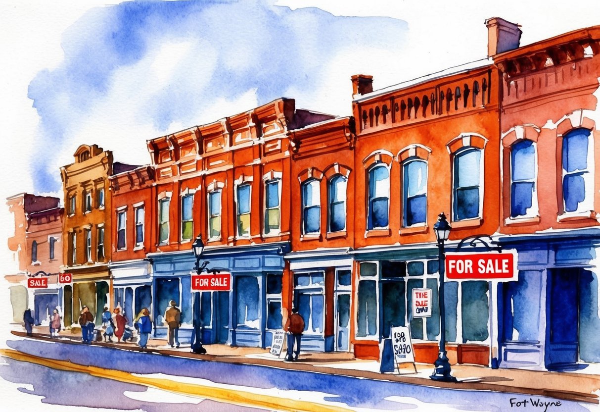 A row of historic buildings in Fort Wayne, Indiana, with "For Sale" signs and bustling street activity