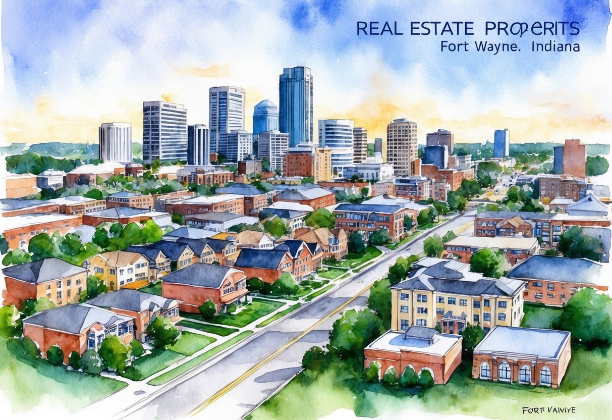 A bustling cityscape in Fort Wayne, Indiana, with various real estate properties, from residential homes to commercial buildings, symbolizing real estate investing opportunities