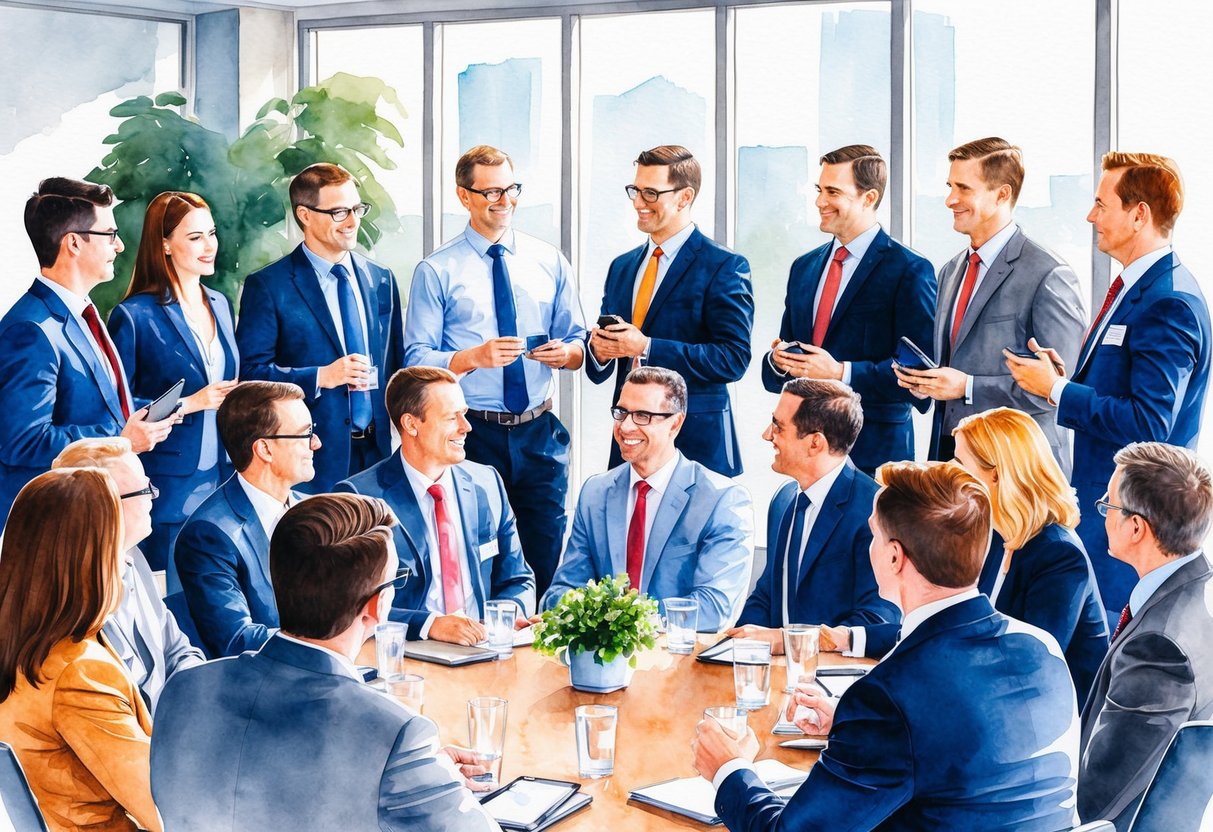A group of professionals gather at a networking event in Fort Wayne, discussing real estate investments and building relationships