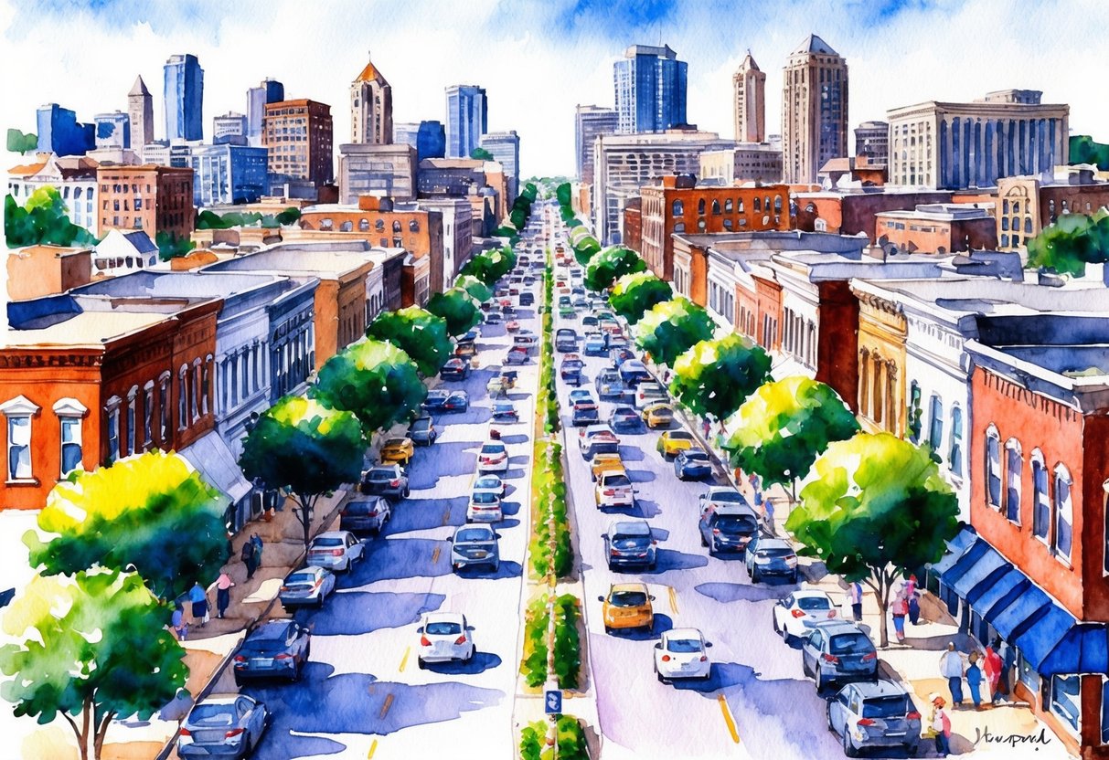 A bustling cityscape in Indianapolis, with rows of diverse real estate properties and busy streets filled with people and cars