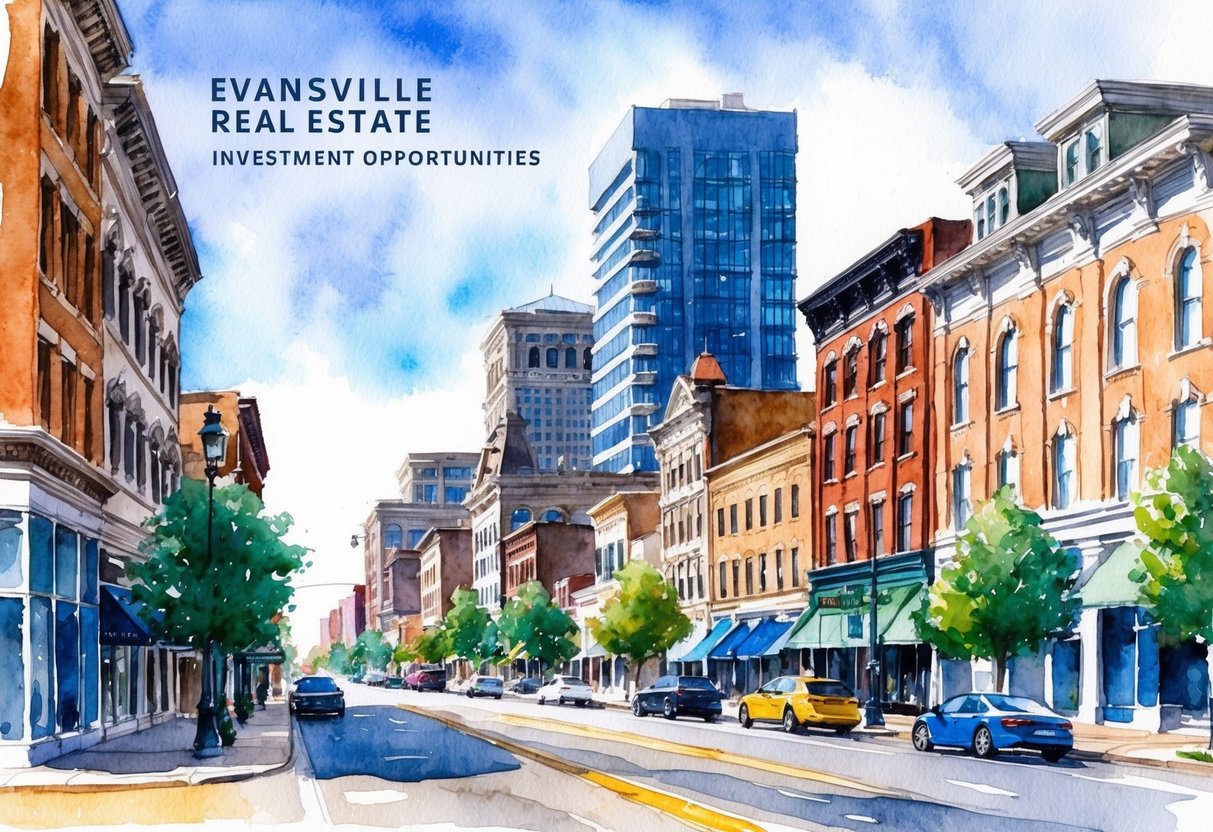 A bustling downtown street in Evansville, Indiana, lined with historic buildings and modern high-rises, showcasing the diverse real estate investment opportunities in the city