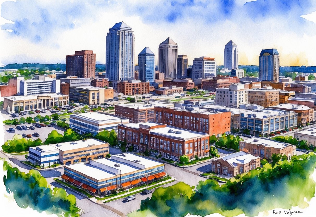 A bustling cityscape with diverse real estate properties, including commercial buildings and residential homes, set against the backdrop of Fort Wayne, Indiana