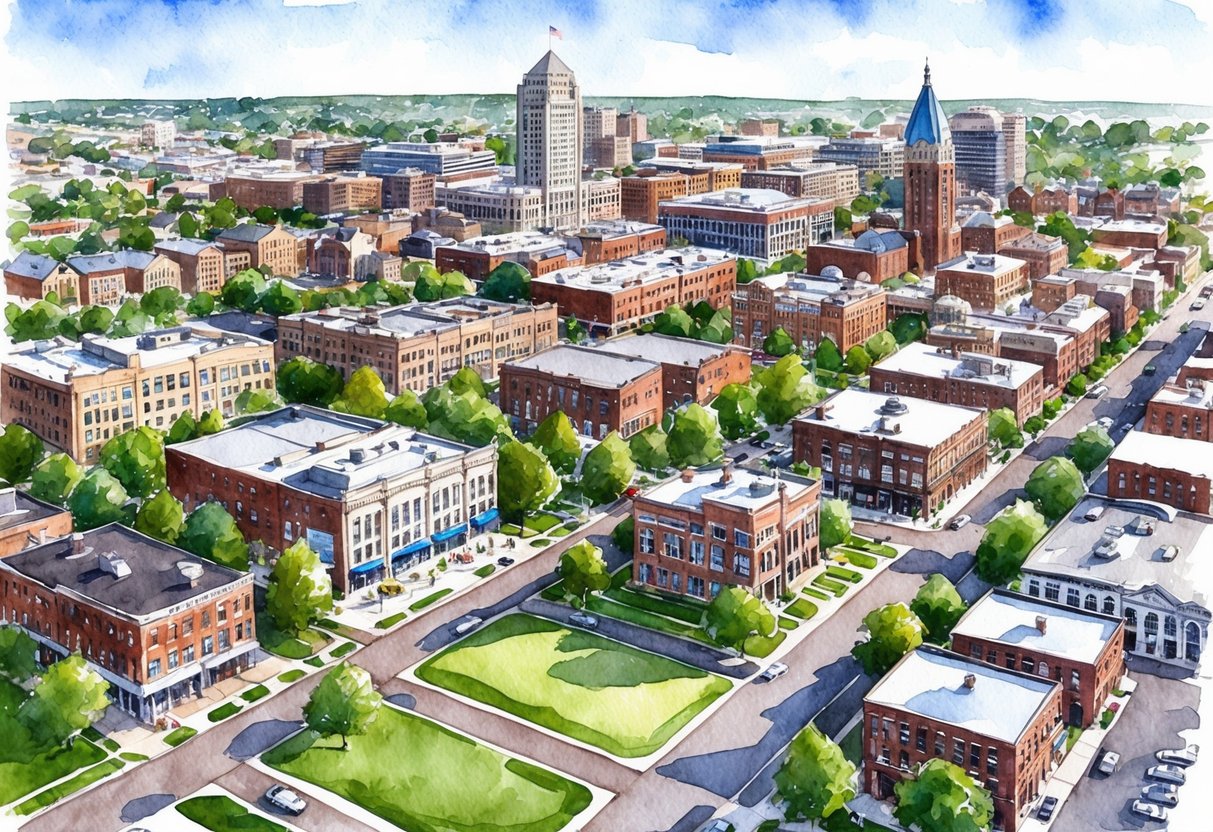Aerial view of Indianapolis neighborhoods with diverse architecture, parks, and commercial areas