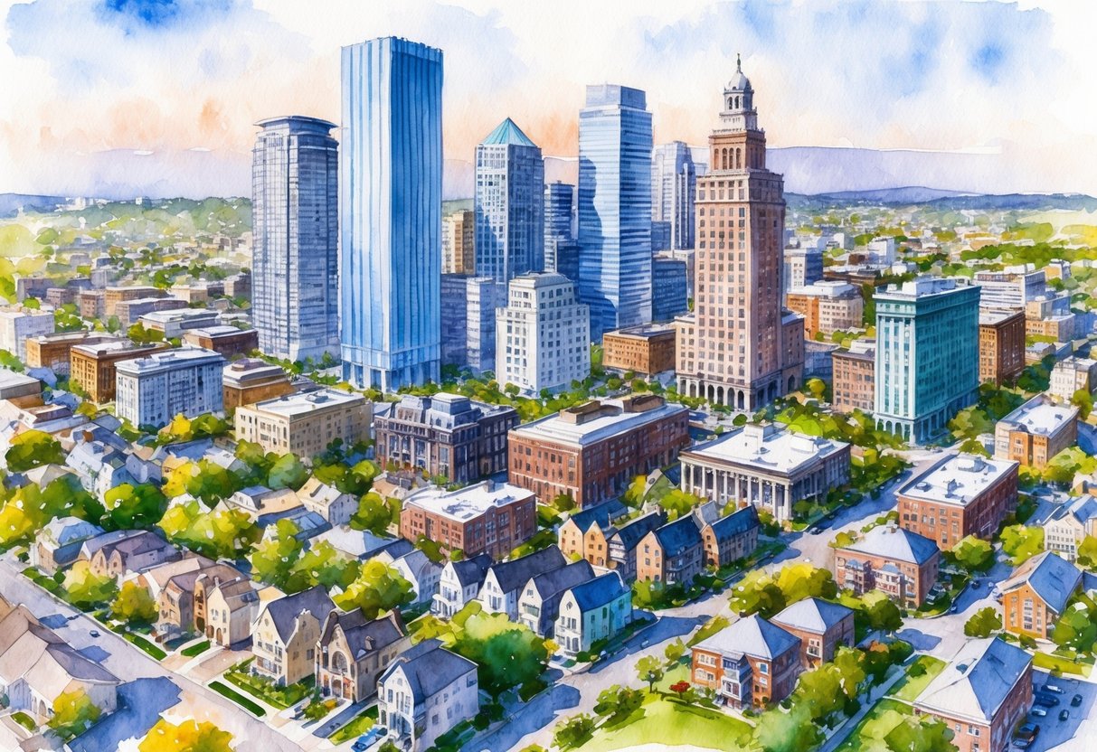 A bustling cityscape with a mix of modern skyscrapers and historic buildings, surrounded by vibrant neighborhoods and green spaces. A diverse range of properties, from residential homes to commercial spaces, dot the landscape