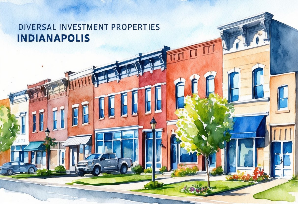A row of diverse investment properties in Indianapolis, featuring residential, commercial, and industrial real estate options