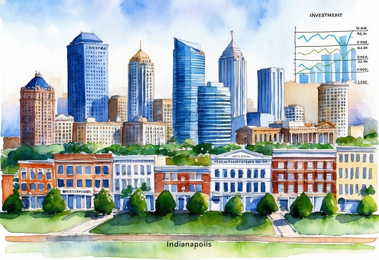 A bustling cityscape in Indianapolis, with rows of diverse real estate properties and financial charts indicating investment strategies