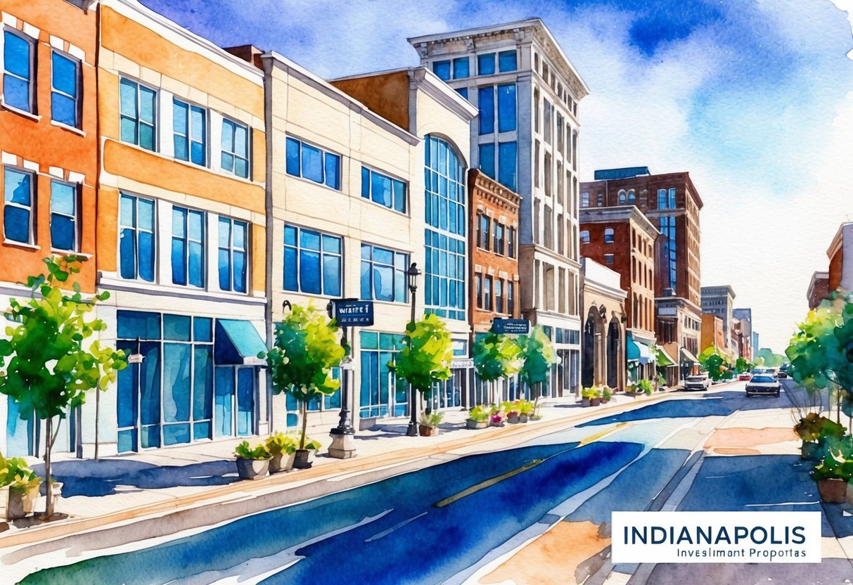 A bustling city street in Indianapolis with modern buildings and investment properties, surrounded by vibrant energy and potential for real estate investing
