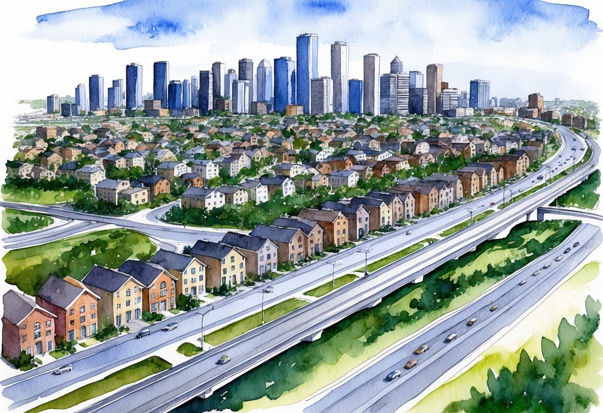 A bustling city skyline with rows of houses and apartment buildings, surrounded by greenery and a network of roads and highways