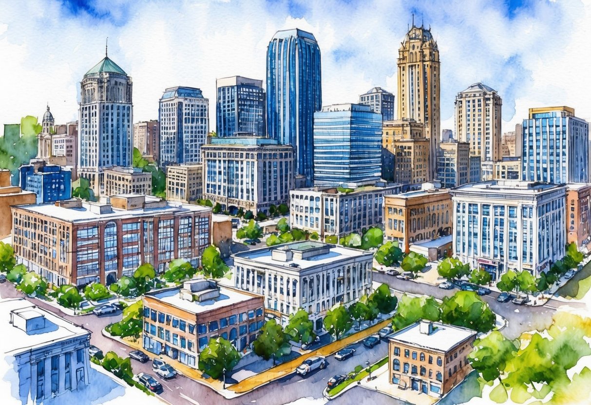 A bustling cityscape with various rental properties and office buildings in Indianapolis, showcasing the diverse real estate opportunities for potential investors