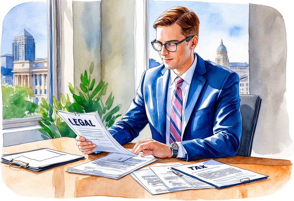 An illustration of a person reviewing legal and tax documents related to real estate investing in Indianapolis, Indiana