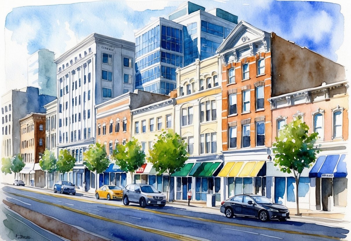 A bustling city street with various commercial and residential properties, including office buildings, storefronts, and houses. A mix of modern and historic architecture
