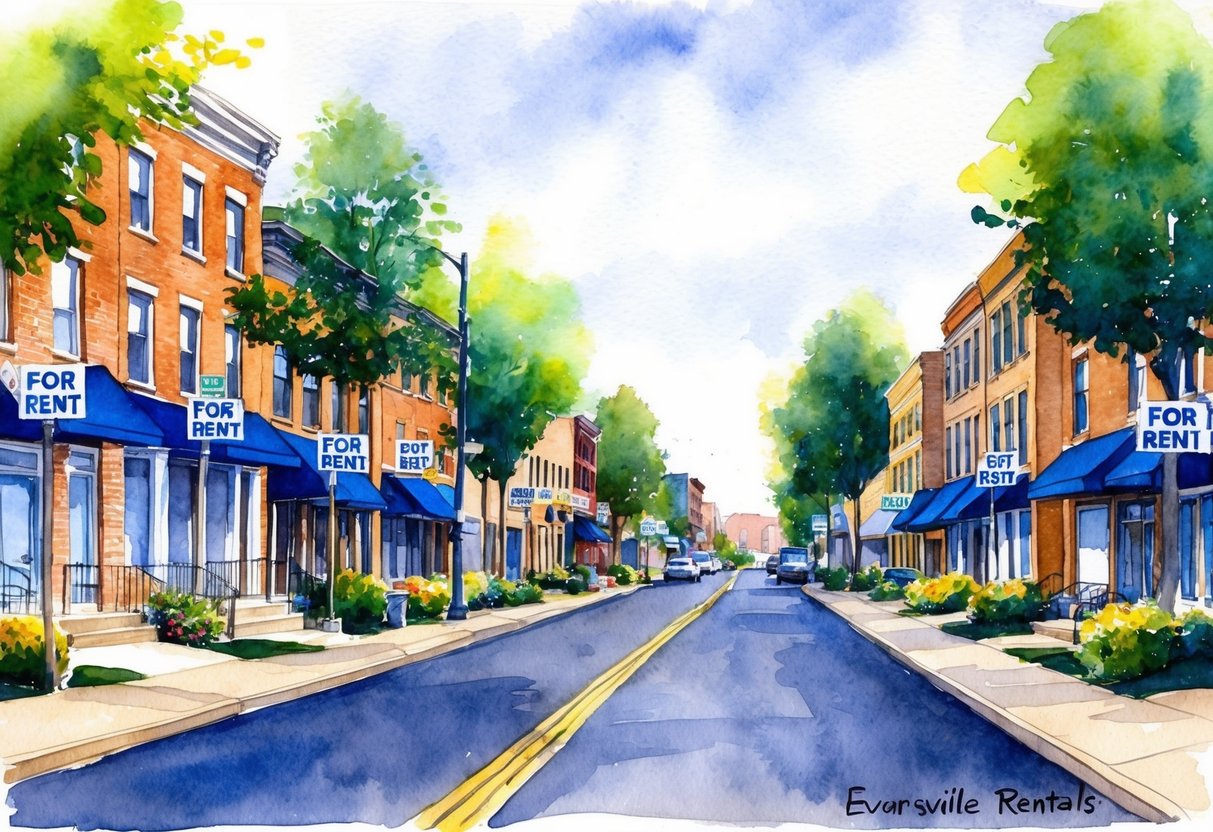 A bustling street in Evansville, Indiana, lined with rental properties managed by Evansville Rentals. The buildings are well-maintained and adorned with "For Rent" signs