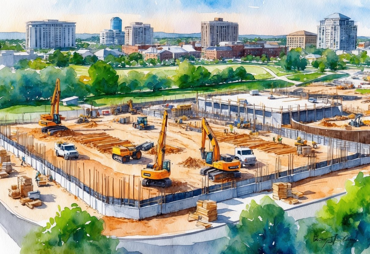 A bustling construction site in Evansville, with workers and machinery transforming the landscape for real estate development