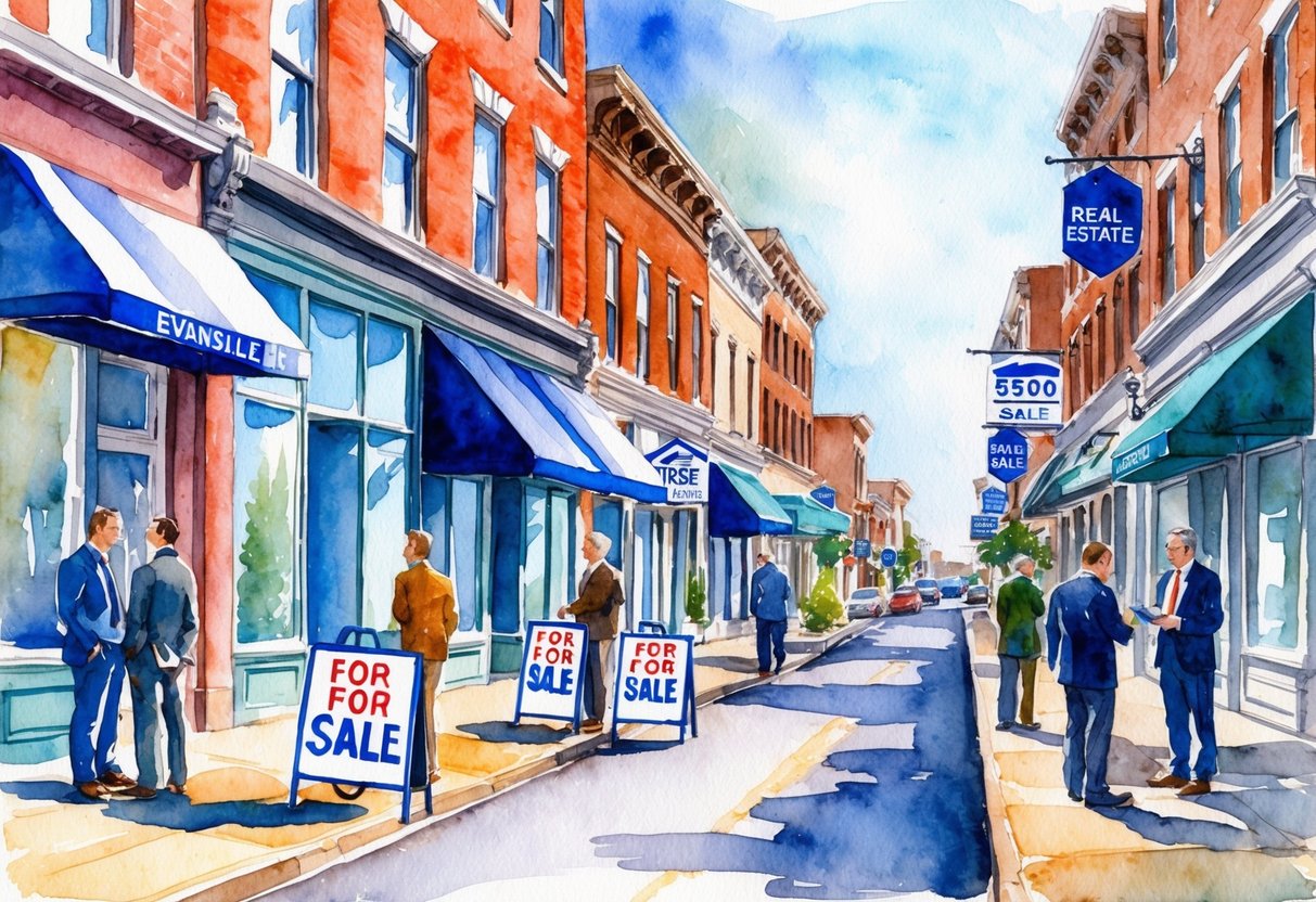 A bustling street in Evansville, IN lined with real estate offices and "For Sale" signs, with investors discussing potential properties and analyzing financial data