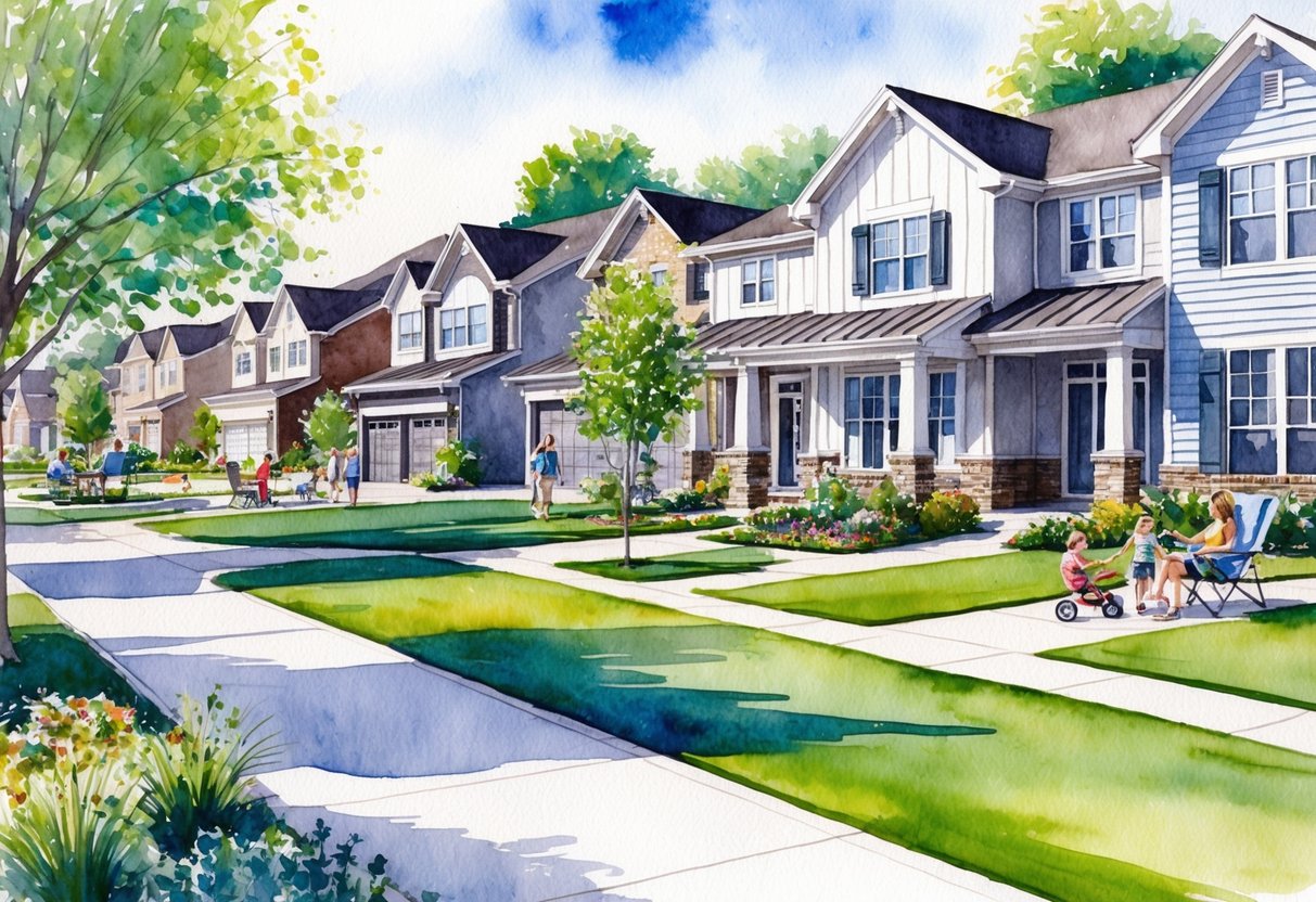 A bustling suburban neighborhood in Fishers, IN with modern homes, manicured lawns, and families enjoying outdoor activities