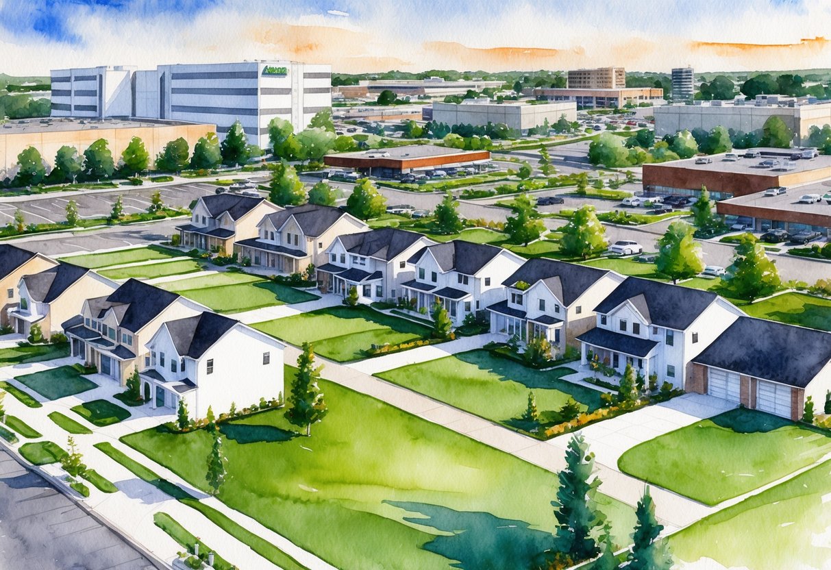 A suburban neighborhood with modern houses and manicured lawns, surrounded by shopping centers and office buildings