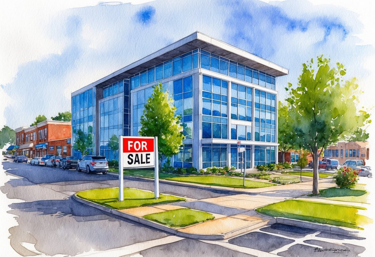 A modern office building in Fishers, IN with a "For Sale" sign out front, surrounded by bustling businesses and residential properties