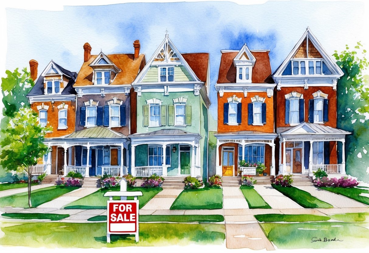 A row of charming historic homes in South Bend, Indiana, with a "For Sale" sign in the front yard
