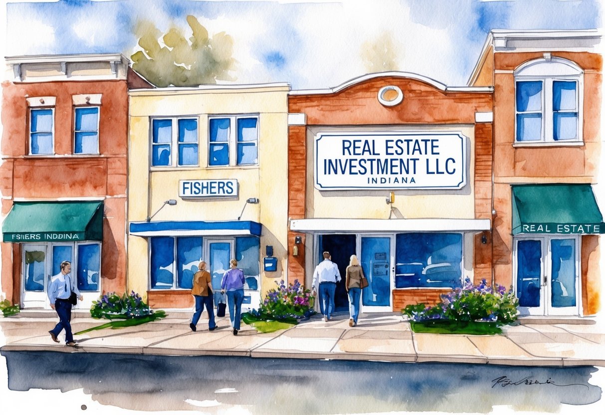 A group of buildings in Fishers, Indiana with "Real Estate Investment LLC" sign. People entering and exiting the office