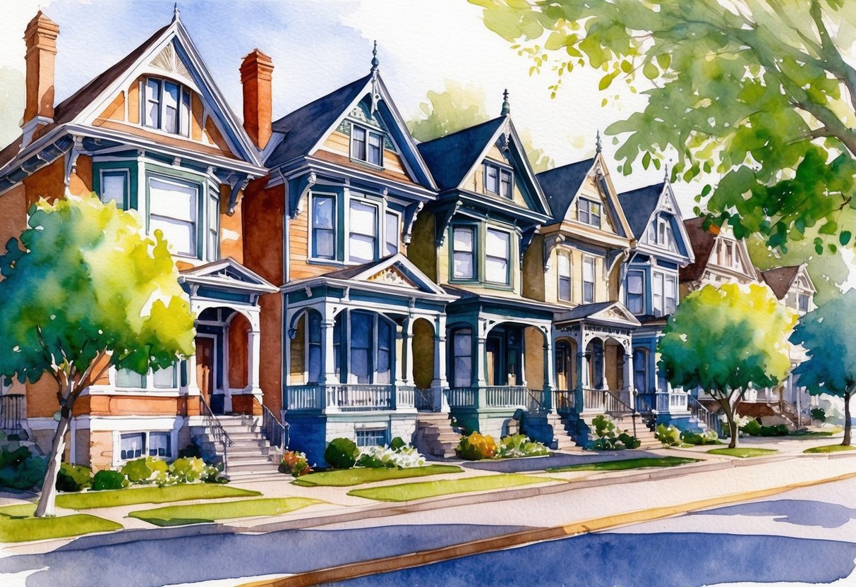 A row of charming historic homes in South Bend, Indiana, with a mix of Victorian and Craftsman architecture, nestled along tree-lined streets