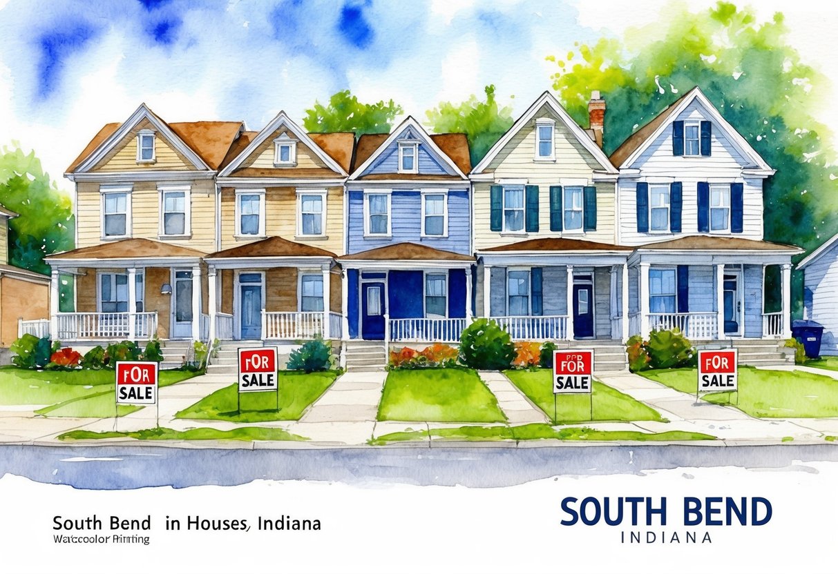 A row of houses in South Bend, Indiana, varying in size and style, with "For Sale" signs displayed in front yards