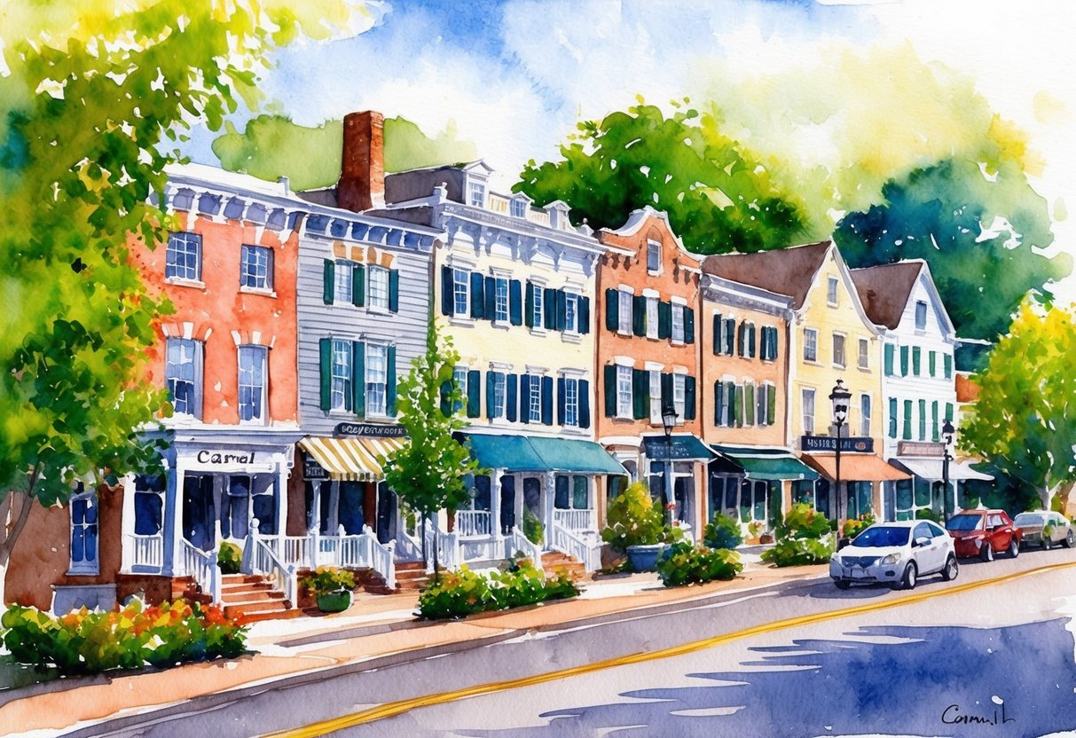 A row of charming historic buildings in Carmel, IN, surrounded by lush greenery and a peaceful, small-town atmosphere